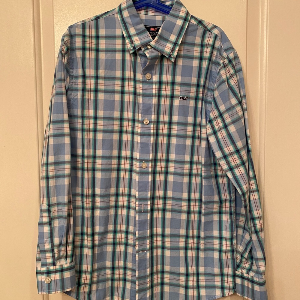 Vineyard Vines EUC size 10 cotton blue plaid button down shirt